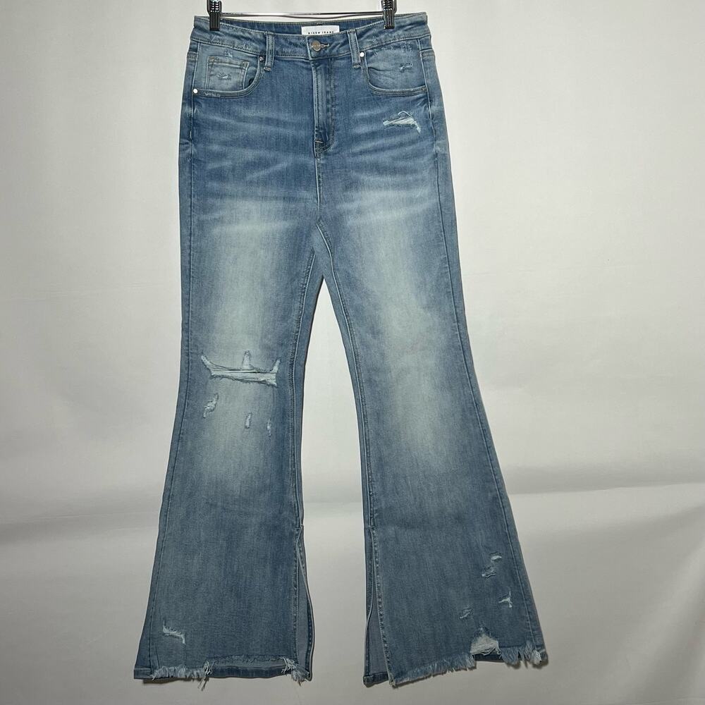 Risen High Rise Distressed Frayed Hem Flare Leg Blue Womens Size 31 - Picture 4 of 14